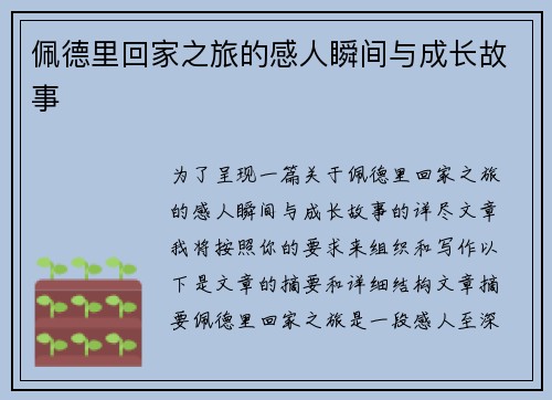 佩德里回家之旅的感人瞬间与成长故事